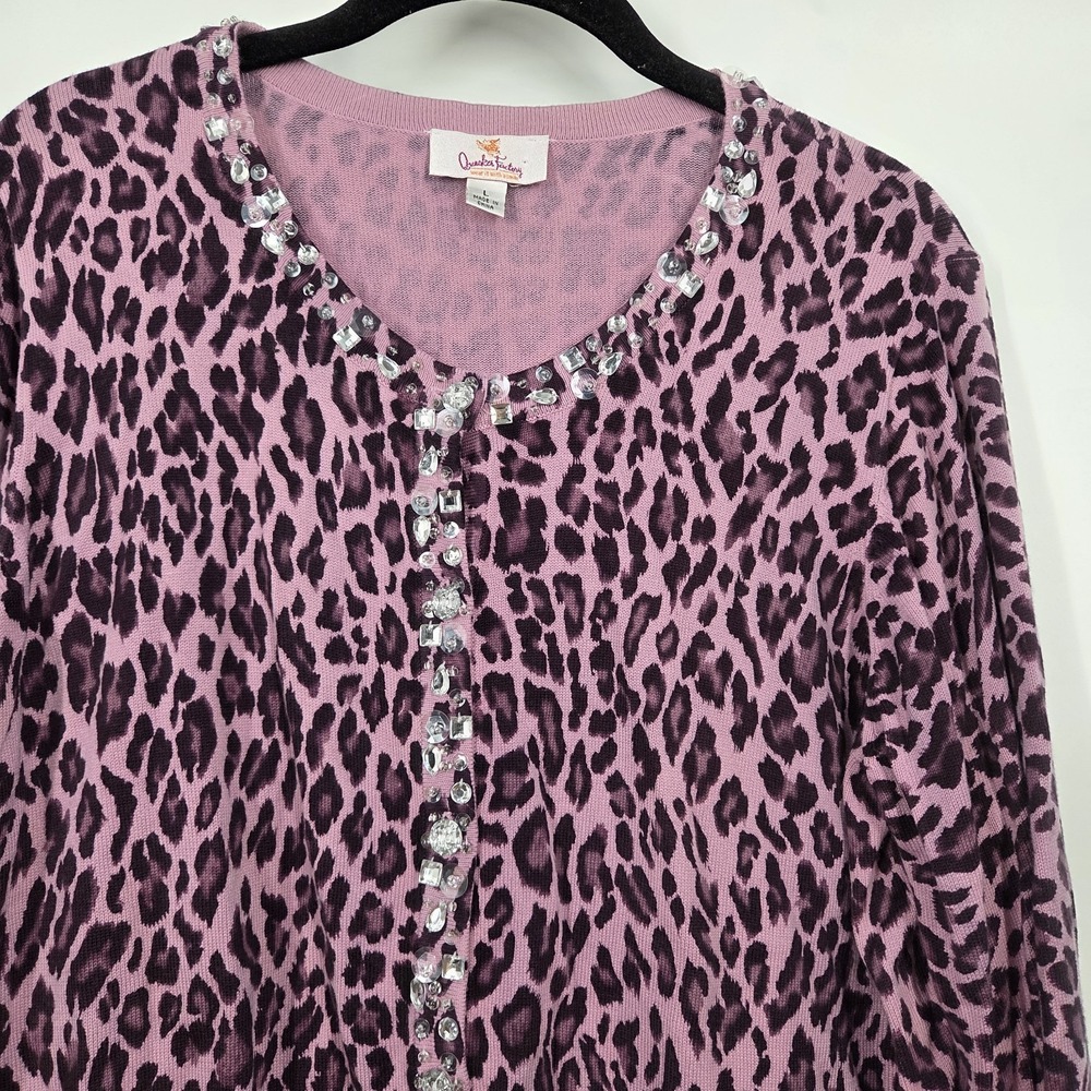 Quacker Factory Jeweled  Beaded Animal Print Pink Sweater Jumper  Large - Picture 2 of 6